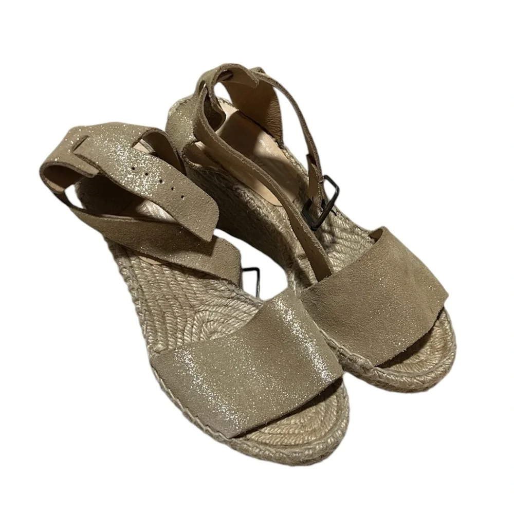 J Crew Gold Shimmer Espadrille Wedge Sandals Size 6